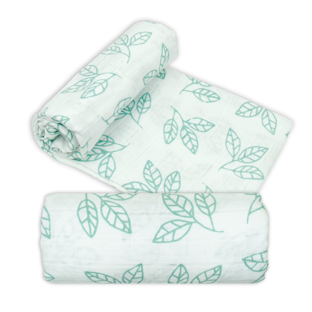 Bamboo Organic Cotton Muslin Swaddle - Aqua Leaf