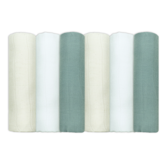 Set Of Six Aqua Neutral Cotton Muslin Squares