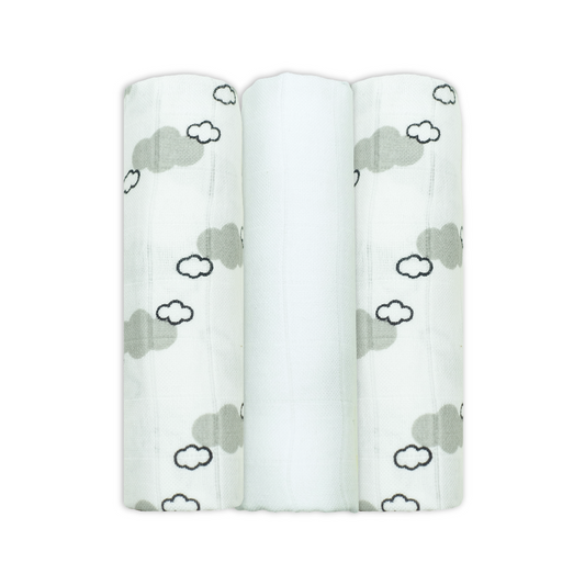 Set Of Three Cloud Patterned Bamboo Cotton Muslin Squares