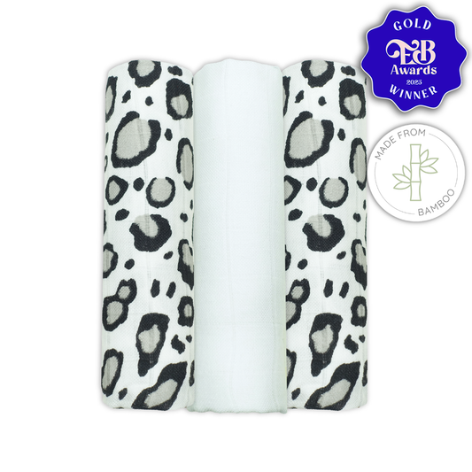 Bamboo Baby Muslins withBlack and white leopard sensory Print on white muslin cloth for babies