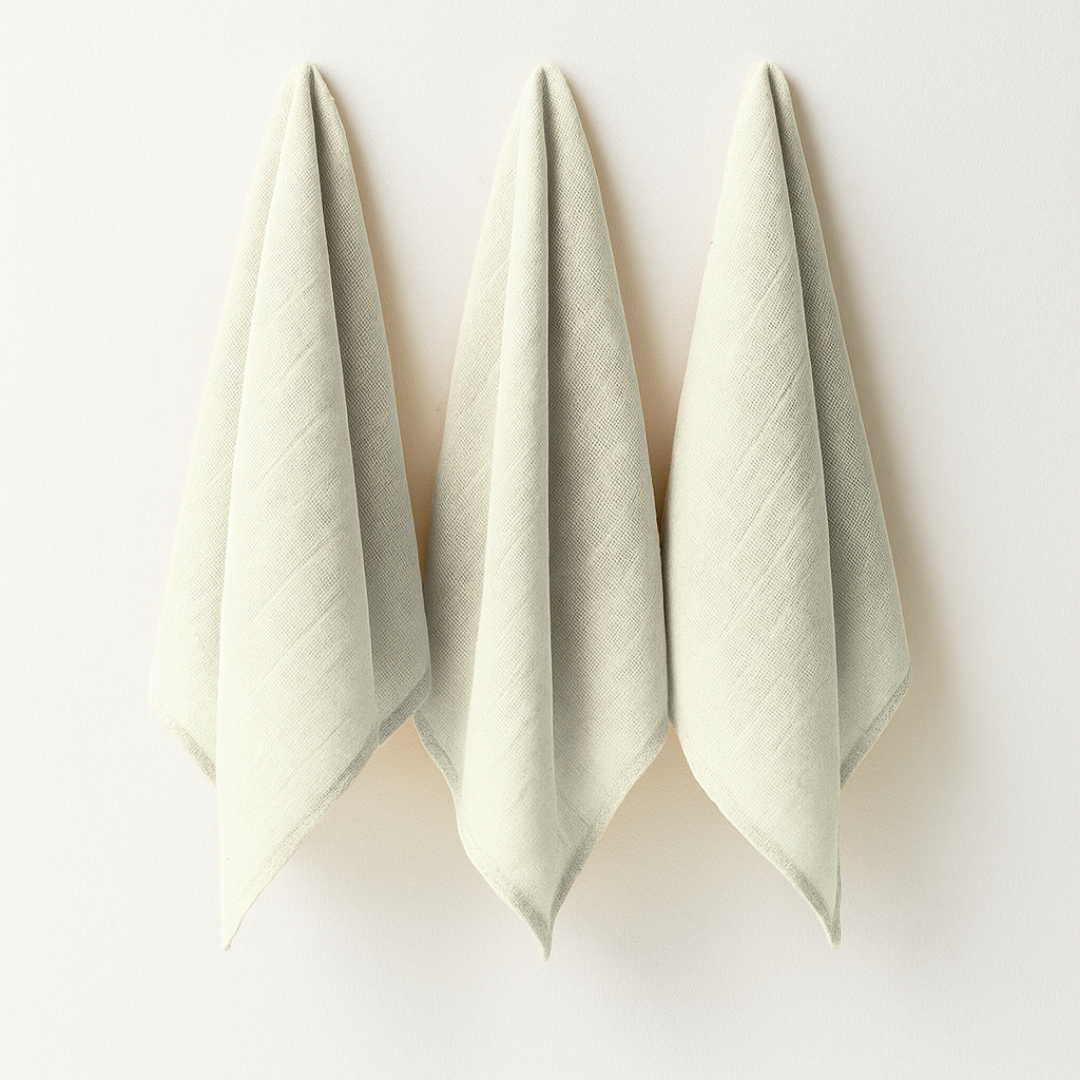 Three Unbleached hanging bamboo cotton muslin squares.