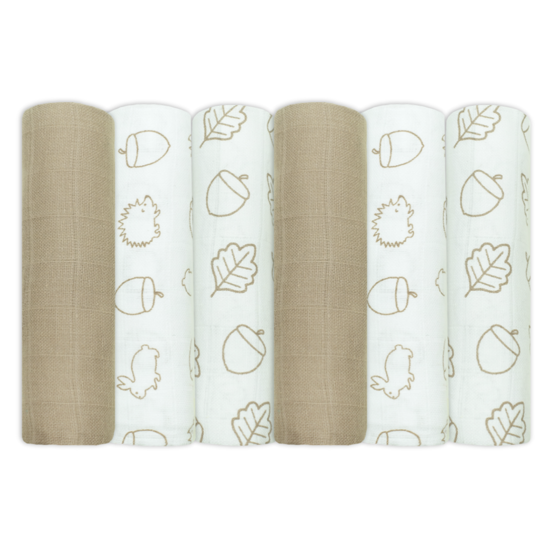 Set of Six Taupe Patterned Cotton Muslin Squares