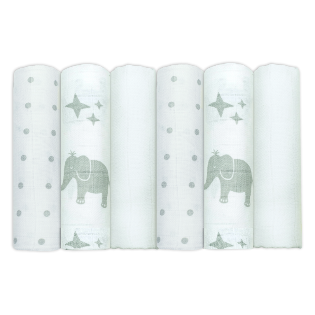 Set of Six Elephant Patterned Cotton Muslin Squares