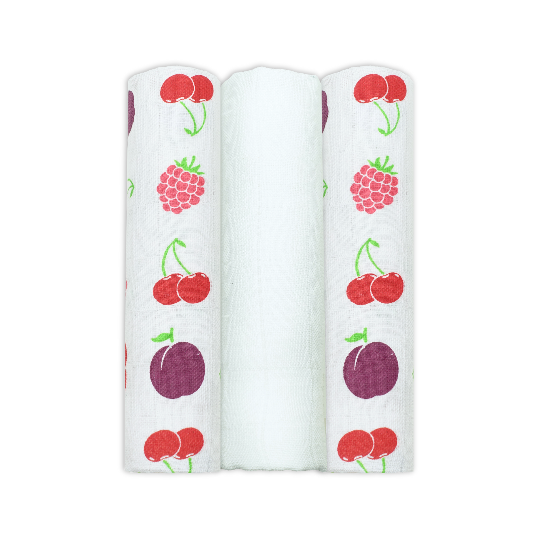 Set Of Three Fruit Themed Patterned Organic Cotton Muslin Squares