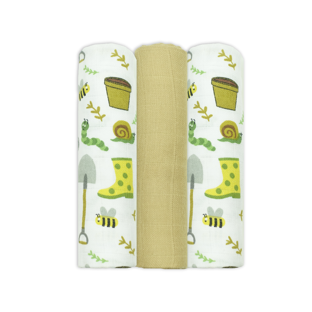 Set Of Three Garden Themed Patterned Organic Cotton Muslin Squares