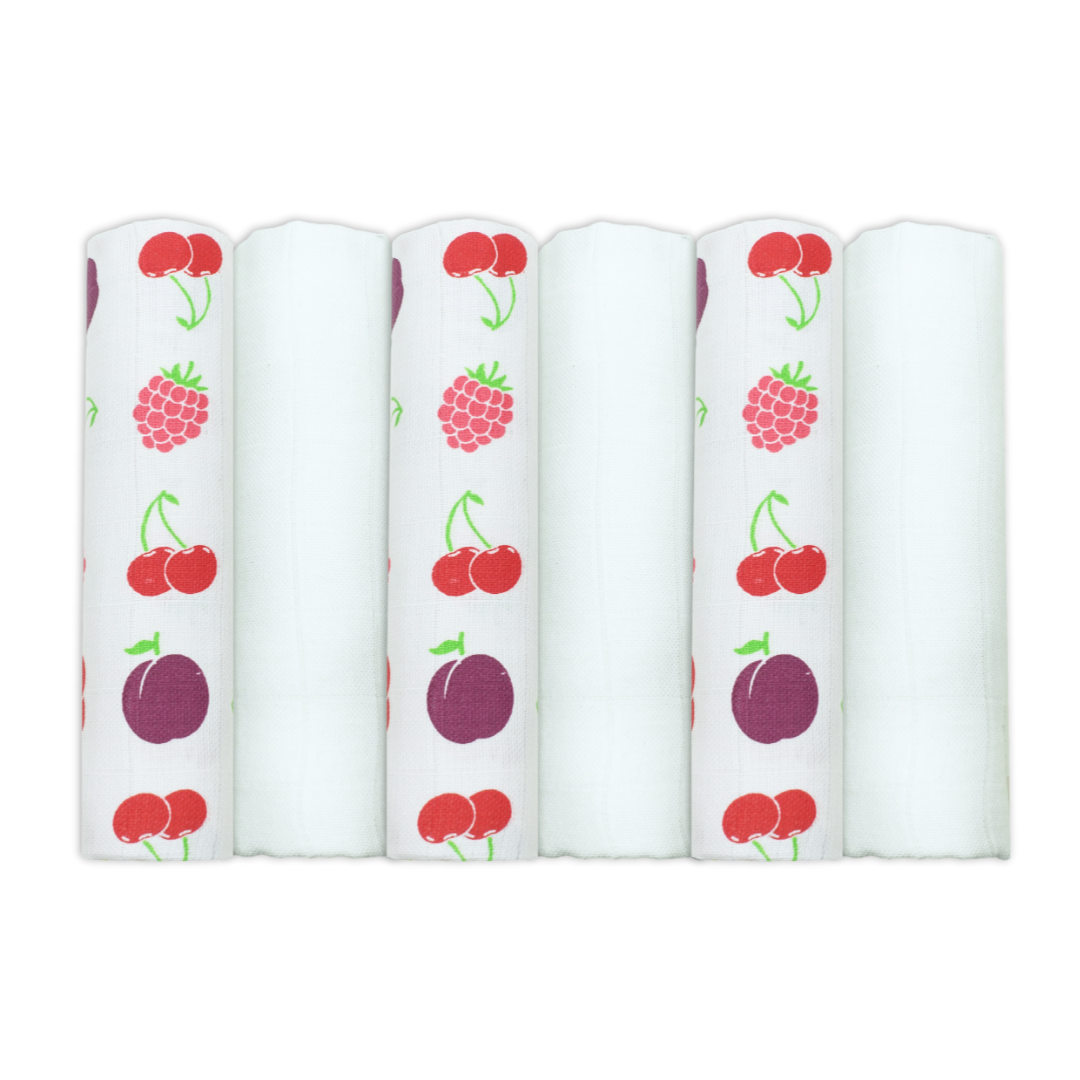 Set Of Six Fruit Themed Patterned Organic Cotton Muslin Squares
