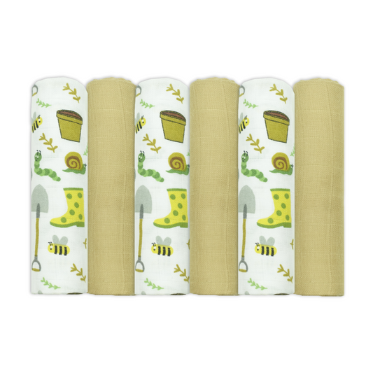 Set Of Six Garden Themed Patterned Organic Cotton Muslin Squares