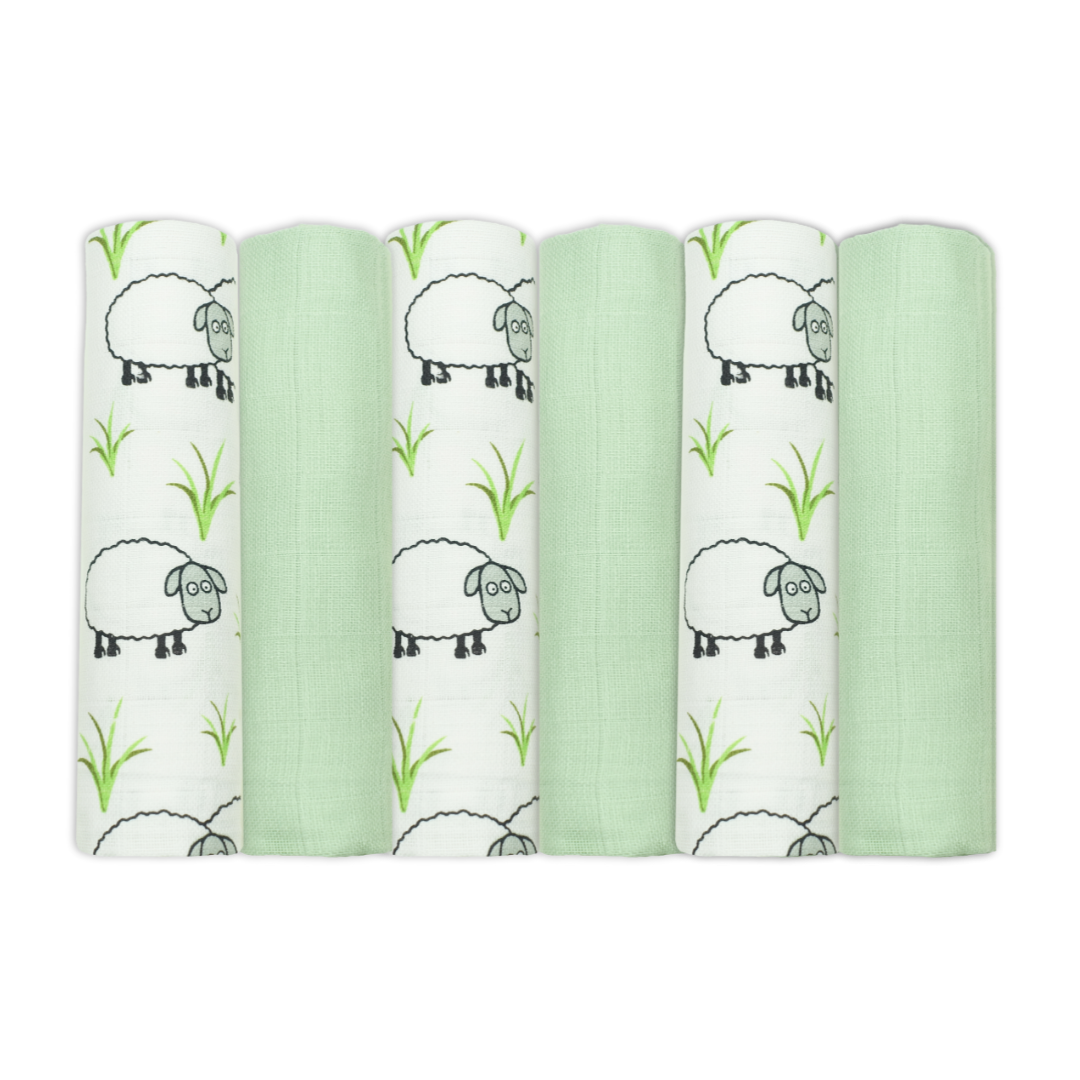 Set Of Six Sheep Themed Patterned Organic Cotton Muslin Squares