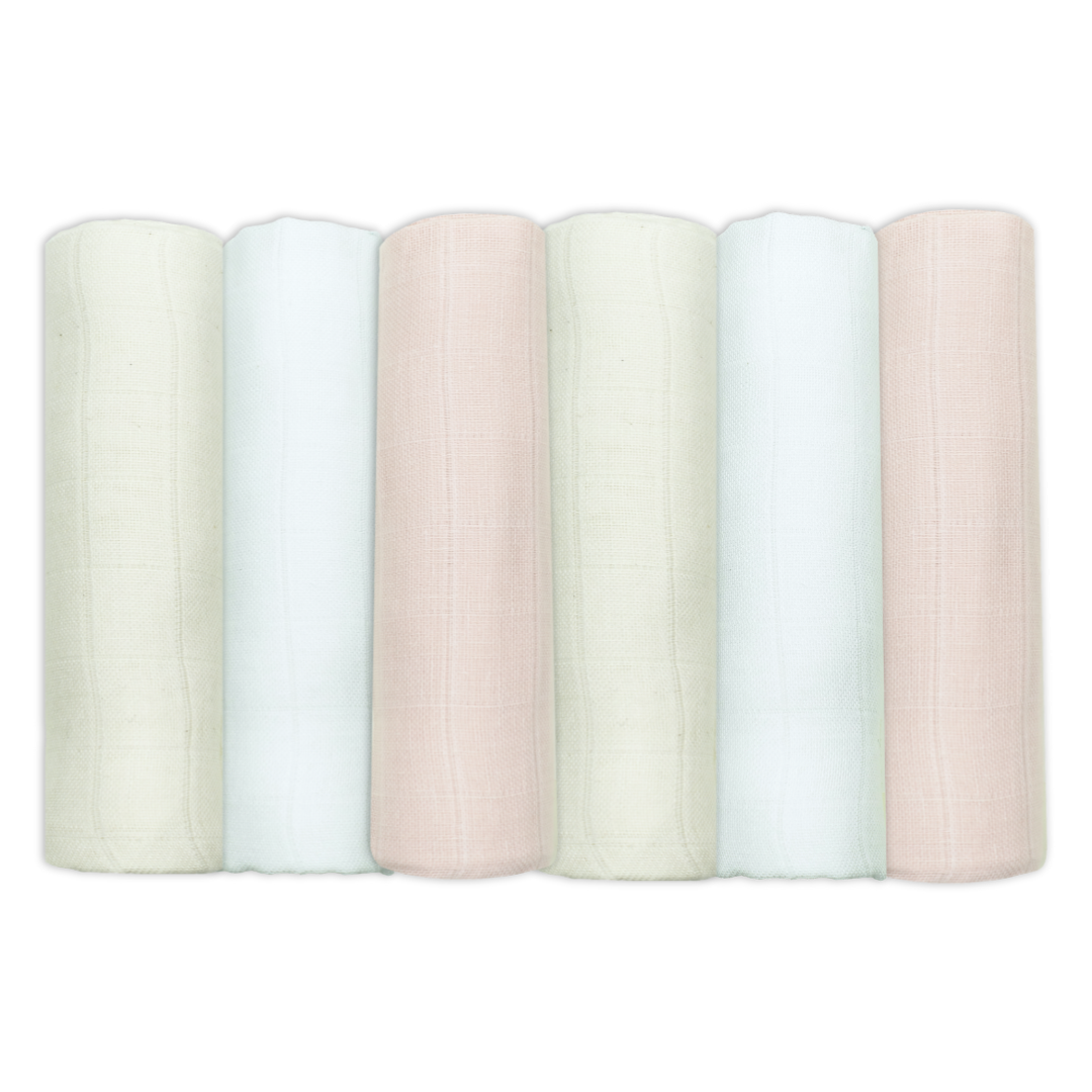 Set Of Six Pale Pink Neutral Cotton Muslin Squares