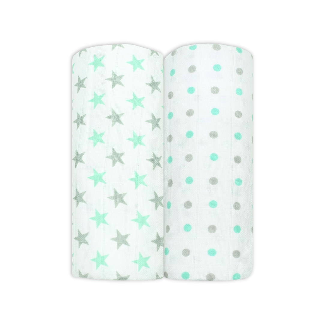 Set of Two Mint Patterned Cotton Muslin Swaddles
