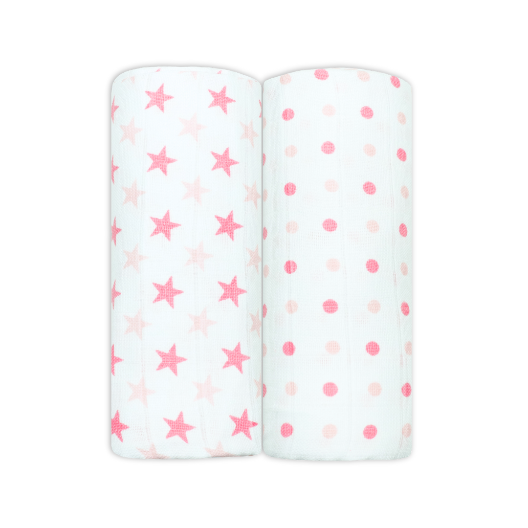 Set of Two Pink Patterned Cotton Muslin Swaddles