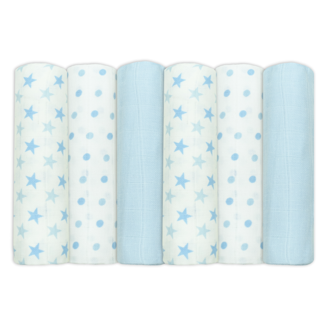 Set of Six Blue Patterned Cotton Muslin Squares
