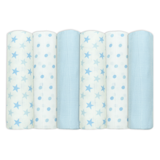 Set of Six Blue Patterned Cotton Muslin Squares