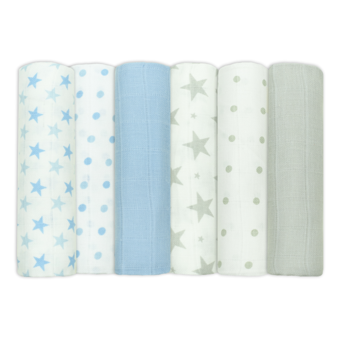 Set of Six Blue And Grey Patterned Cotton Muslin Squares