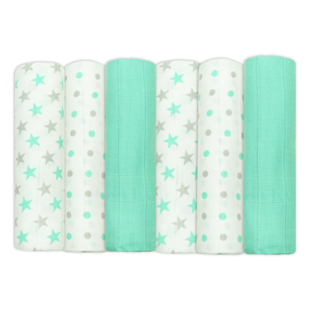 Set of Six Mint Patterned Cotton Muslin Squares