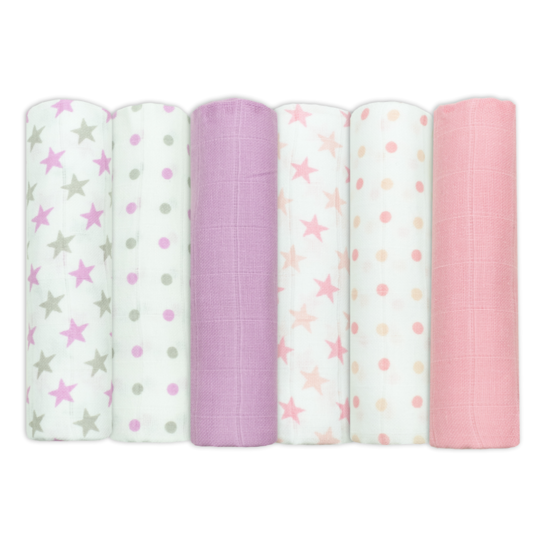 Set of Six Pink and Violet Patterned Cotton Muslin Squares