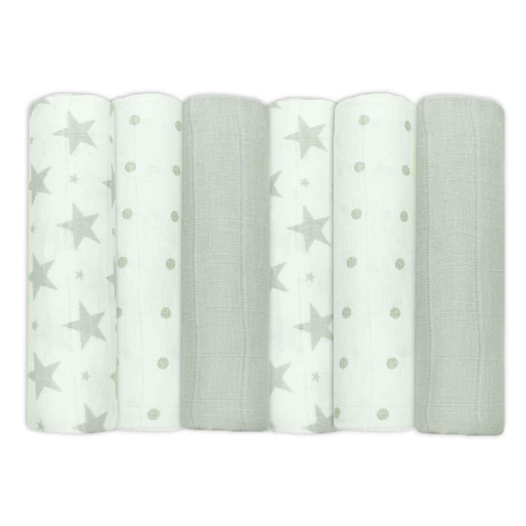 Set of Six Grey Patterned Cotton Muslin Squares
