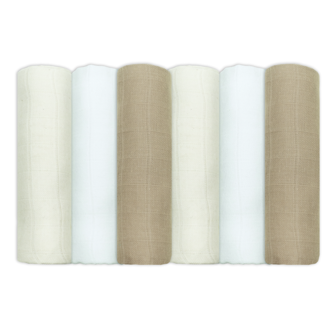 Set Of Six Taupe Neutral Cotton Muslin Squares