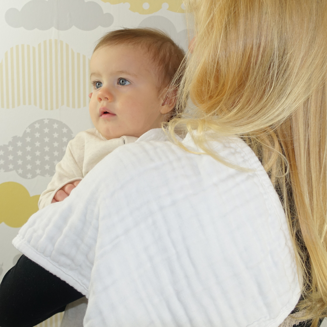White Burp cloth on shoulder lifestlye