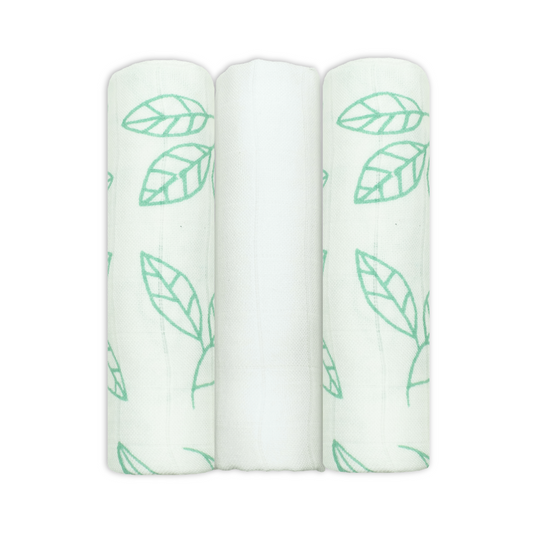Bamboo Organic Cotton Muslin Squares - 3 Pack Aqua Leaf