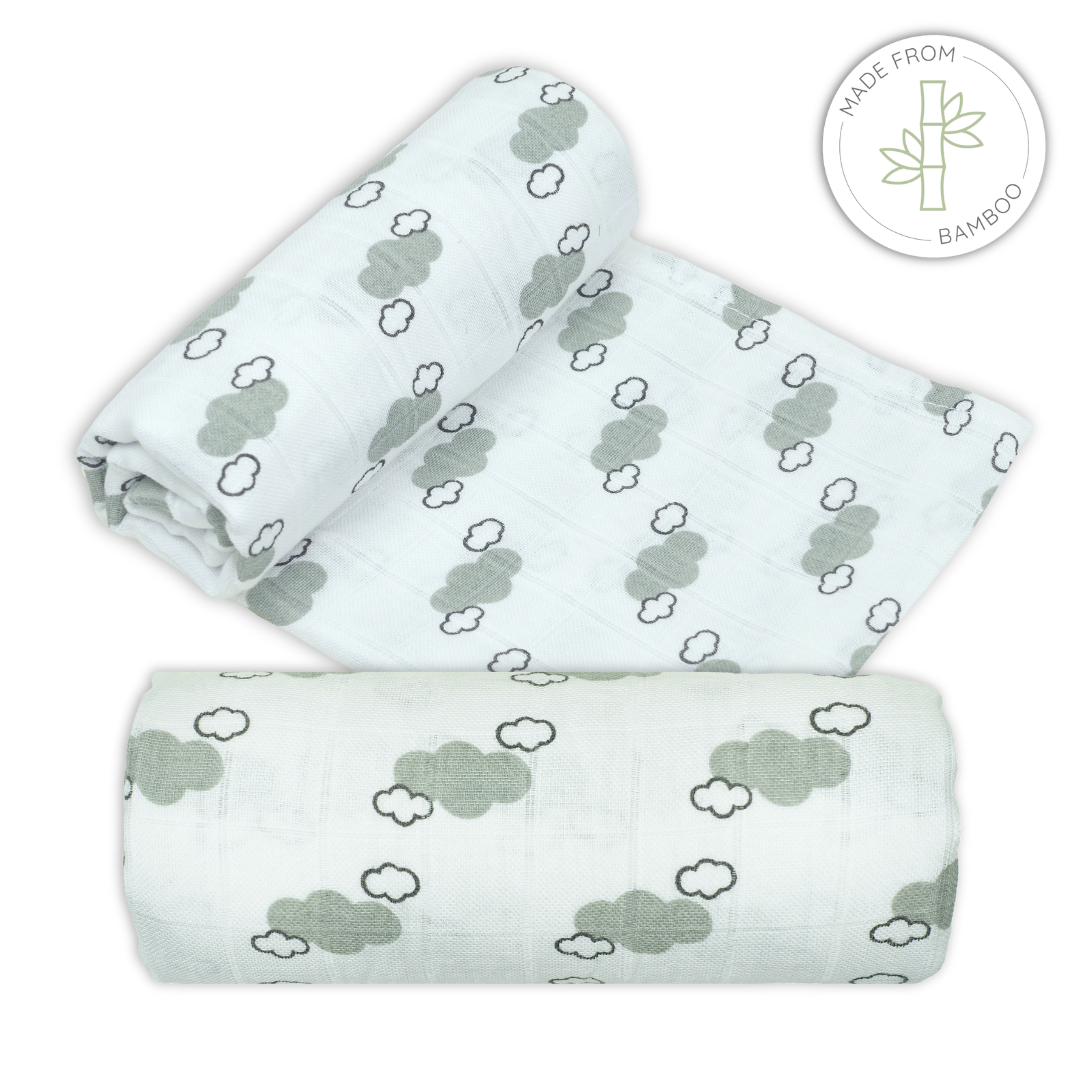 Muslin bamboo swaddles withgrey cloud pattern on a white background for babies

