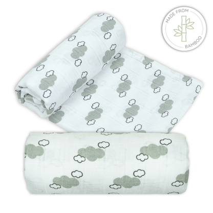 Muslin bamboo swaddles withgrey cloud pattern on a white background for babies
