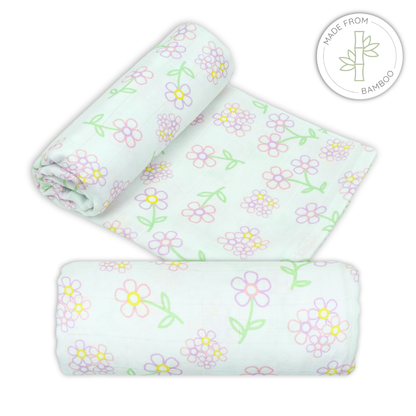 Muslin bamboo swaddles with pink flower pattern on a white background for babies
