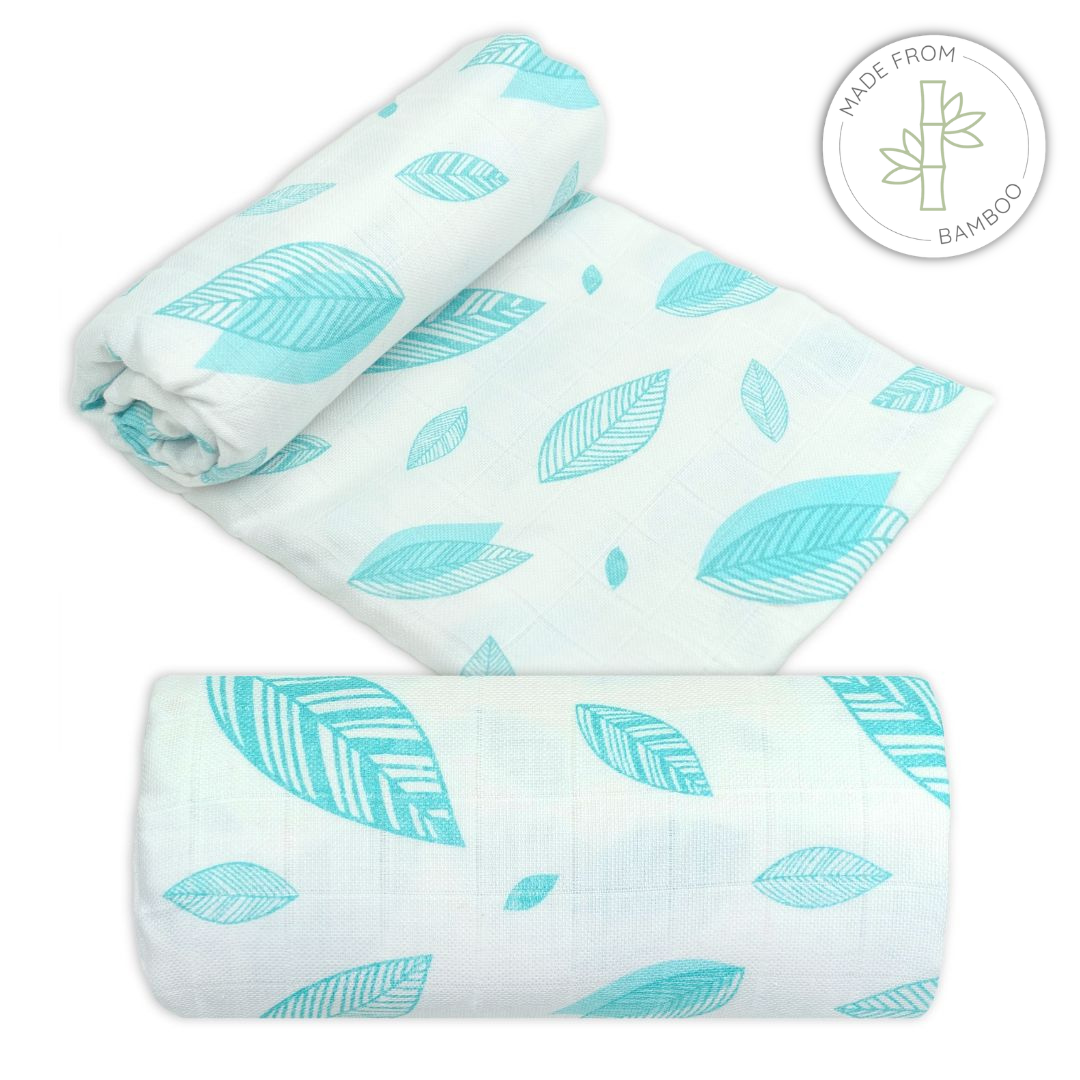 Muslin bamboo swaddles with aqua blue leaf pattern on a white background for babies
