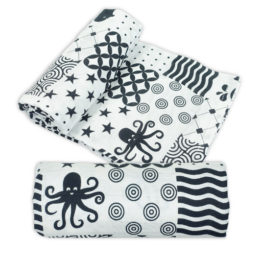 Black & White Sensory Patterned Bamboo Cotton Muslin Swaddle