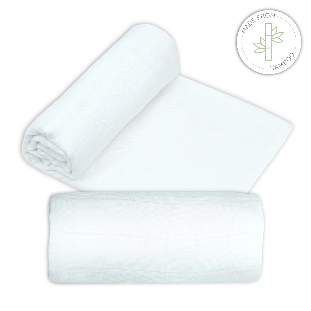 White bamboo muslin swaddle fabric with a 'Made from Bamboo' logo on a white background