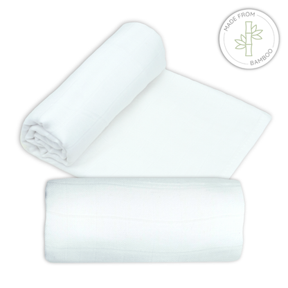 White bamboo muslin swaddle fabric with a 'Made from Bamboo' logo on a white background