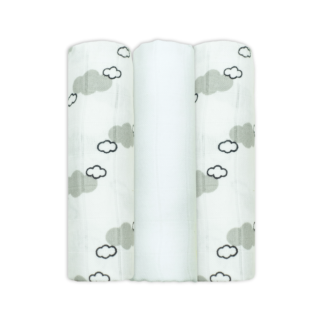 Set Of Three Cloud Patterned Bamboo Cotton Muslin Squares