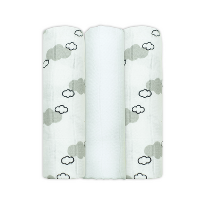 Set Of Three Cloud Patterned Bamboo Cotton Muslin Squares