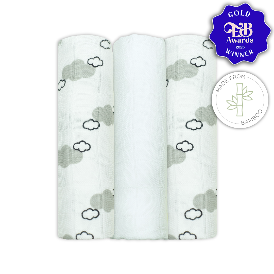 Bamboo Baby Muslins with grey cloud Print on white muslin cloth for babies