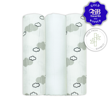 Bamboo Baby Muslins with grey cloud Print on white muslin cloth for babies