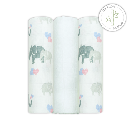 Three bamboo swaddles with elephant and heart pattern on a white background