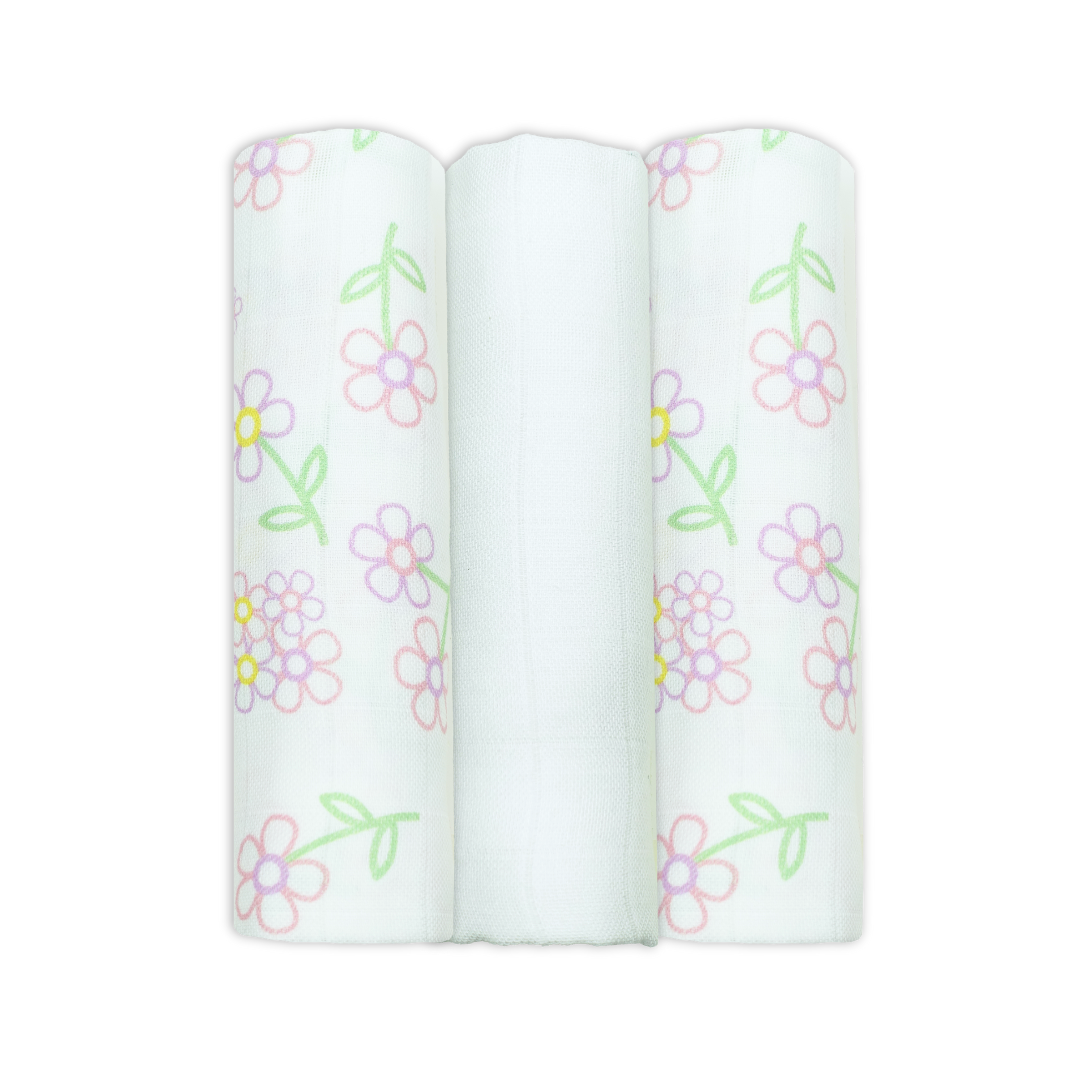 Set Of Three Flower Patterned Bamboo Cotton Muslin Squares