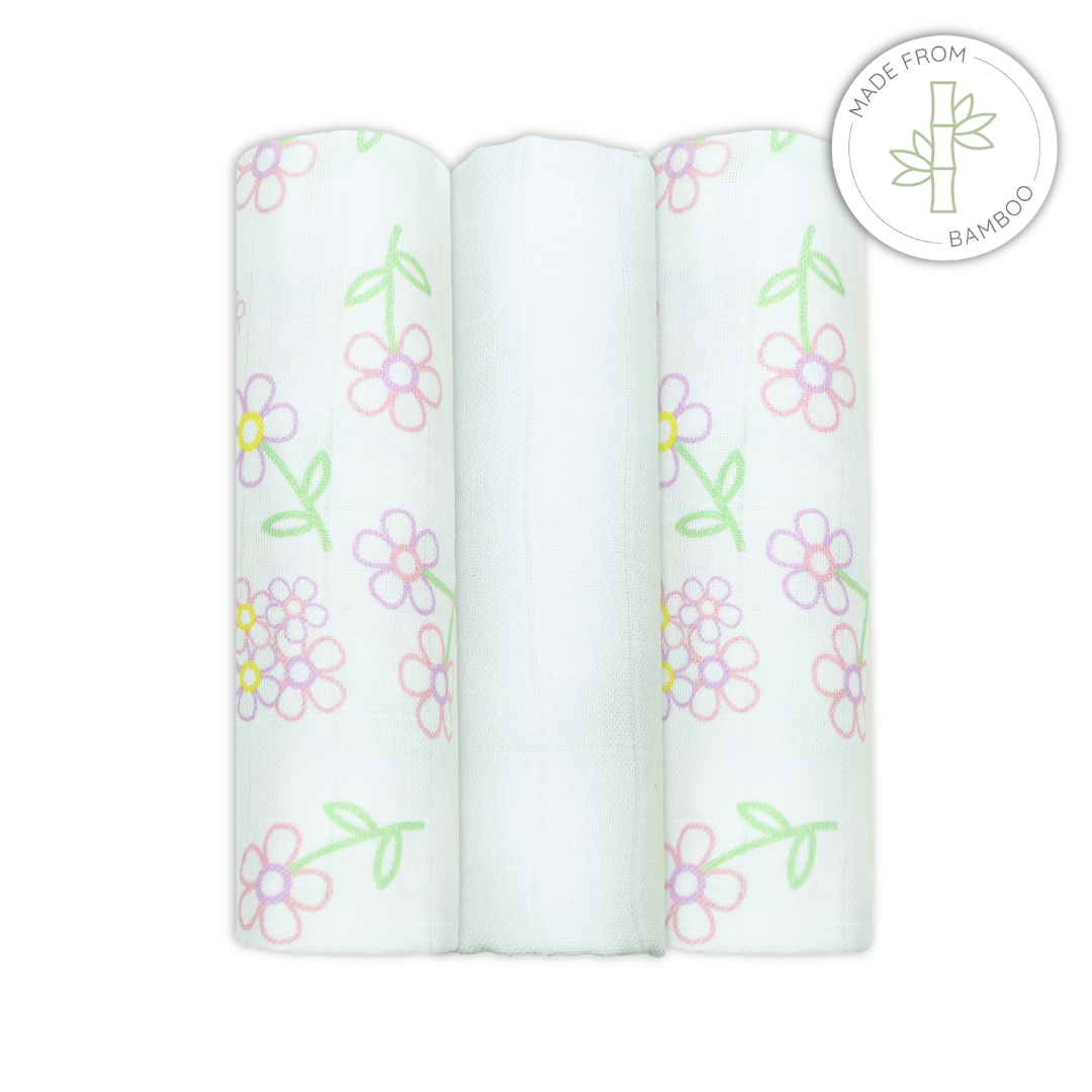 Bamboo Baby Muslins with pink flower Print on white muslin cloth for babies
