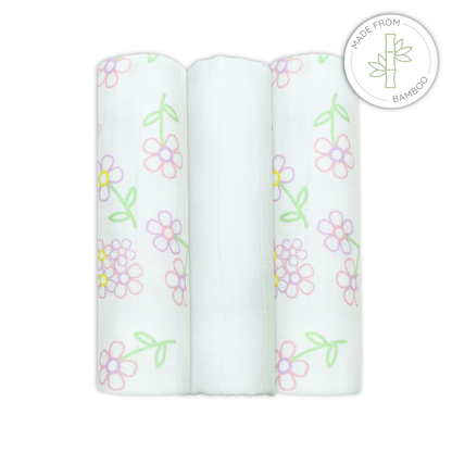 Bamboo Baby Muslins with pink flower Print on white muslin cloth for babies