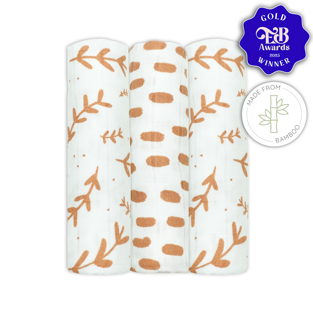 Bamboo Baby Muslins with Burnt Organge Leaf Print on white muslin cloth for babies