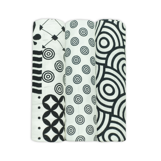 3pk Sensory Black and White Bamboo Cotton Muslin Cloths 
