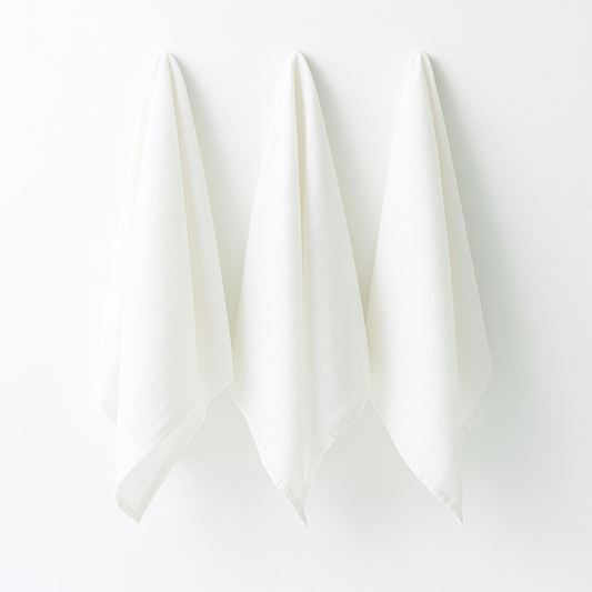 Three White hanging bamboo cotton muslin squares.