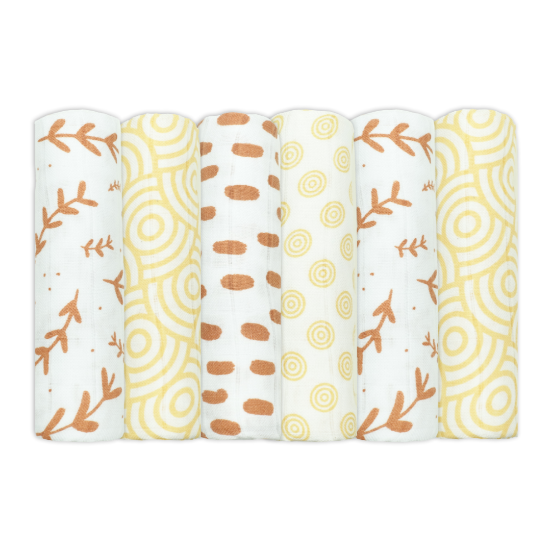 6pk Laurel and Swirl Patterned Bamboo Cotton Muslin Cloths 