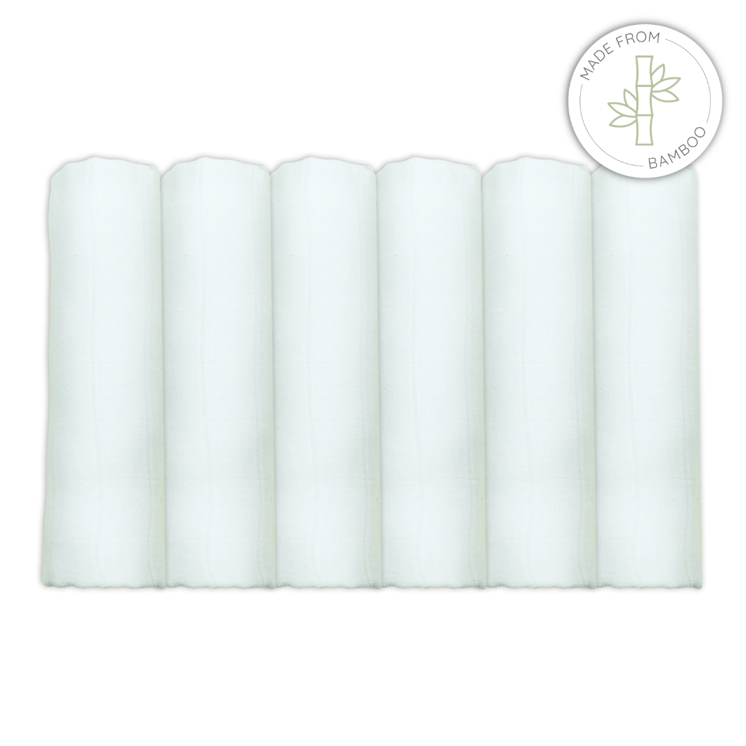 Set of white bamboo muslin squares with a 'Made from Bamboo' logo on a white background