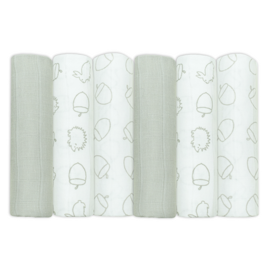 Set of Six Grey Patterned Cotton Muslin Squares