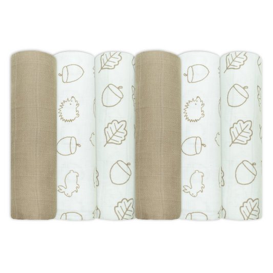 Set of Six Taupe Patterned Cotton Muslin Squares