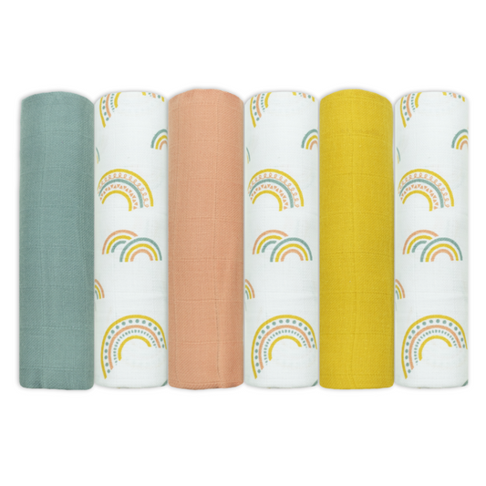 Set of Six Rainbow Patterned Cotton Muslin Squares