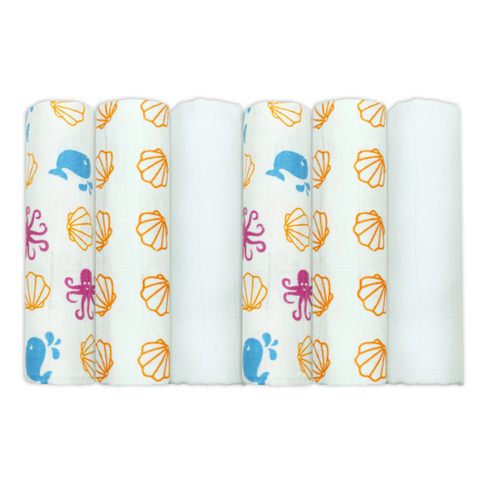 Set of Six Sealife Themed Patterned Cotton Muslin Squares