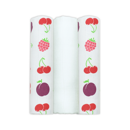 Set Of Three Fruit Themed Patterned Organic Cotton Muslin Squares
