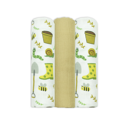 Set Of Three Garden Themed Patterned Organic Cotton Muslin Squares